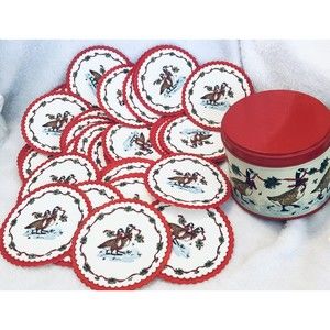 VTG Christmas Geese Waxed Back Coasters w/Collectible Tin 3.25” Potpourri Press‎